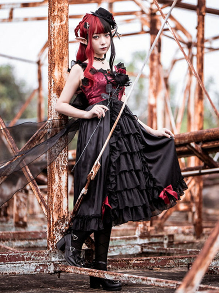 Milanoo Gothic Lolita JSK Dress Pom Poms Sleeveless Floral Print Pattern Polyester Black Lolita Jump