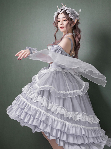 Milanoo Sweet Lolita OP Dress Polyester Short Sleeves Ruffles Sliver Sweet Lolita One Piece Dress