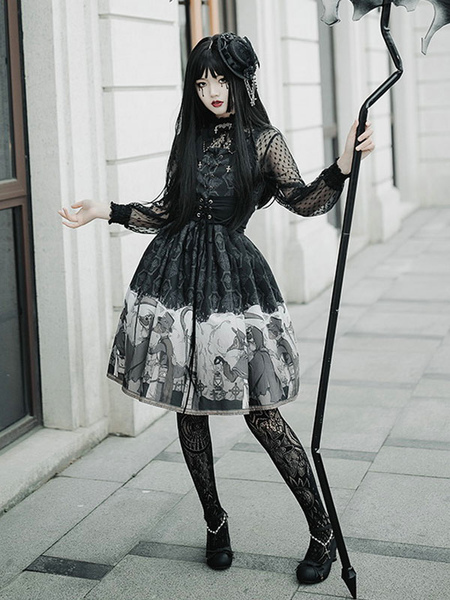 Image of Gothic Lolita JSK Dress Nero senza maniche Ruffles Lolita Jumper Gonne