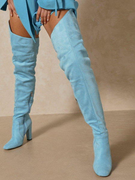 Milanoo Women's Wide Chunky Heel Thigh High Boots in Blue Suede