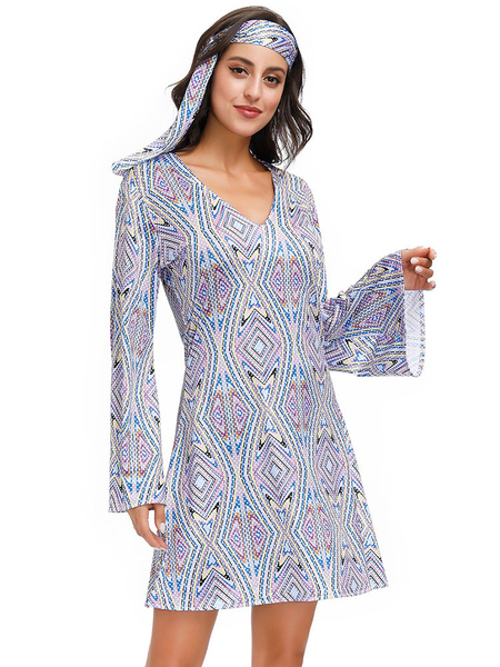 costumes rétro bleu ciel clair imprimé floral robe droite en polyester couvre-chef costume marie-antoinette hippies robe de bal de soirée