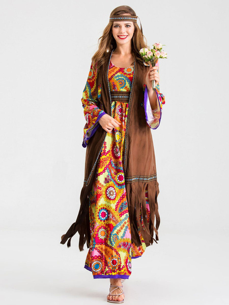 Image of Costumi retrò Arancione Poliestere Stampa floreale Costume Maria Antonietta Gilet Tunica hippy Costume del XVIII secolo Set completo