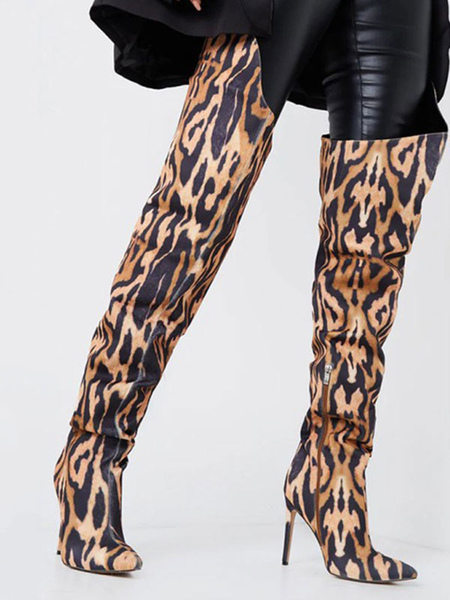 Milanoo Women's Animal Print Stiletto Heel Thigh High Boots