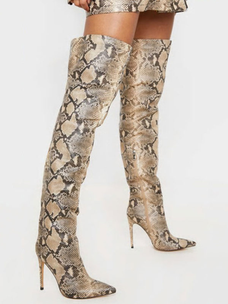 Milanoo Women's Snakeskin Stiletto Heel Thigh High Boots