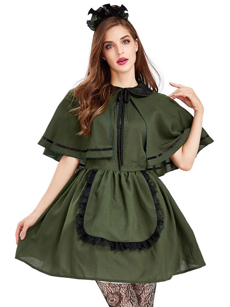 Milanoo Halloween Costumes Green Adult Lace Maid Dress Headwear Polyester Holiday Tunic Holidays Cos