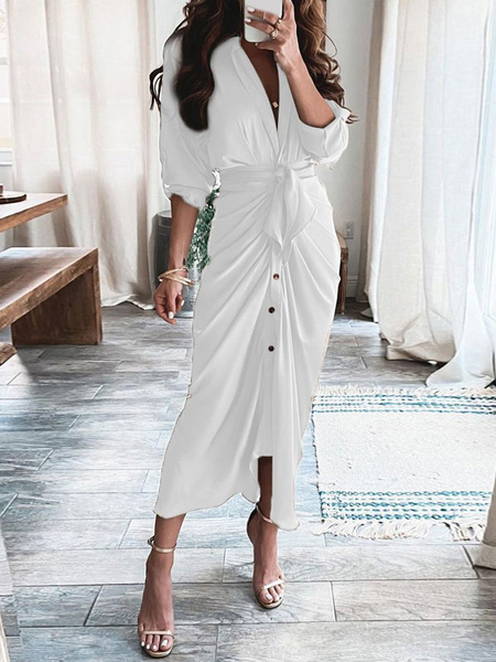 Maxi Dress Turndown Collar 3/4 Length Sleeves Polyester Casual Asymmetrical Long Dress