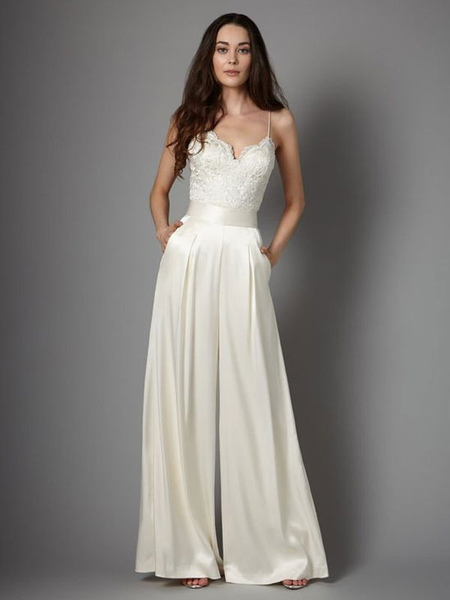 Milanoo Ivory Simple Wedding Dress Satin Fabric Lace V-Neck Sleeveless Long Bridal Dresses