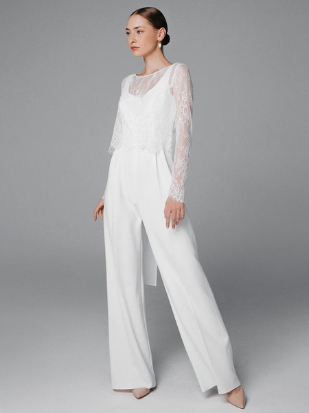 Milanoo White Simple Wedding Dress A-Line Jewel Neck Long Sleeves Stretch Crepe Bridal Dresses