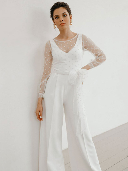 Milanoo White Simple Wedding Dress A-Line V-Neck Long Sleeves Bows Stretch Crepe Bridal Dresses