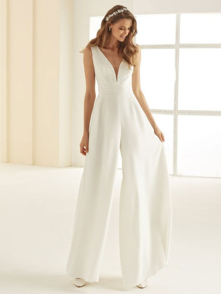 Milanoo White Simple Wedding Dress Stretch Crepe V-Neck Sleeveless A-Line Bridal Gowns