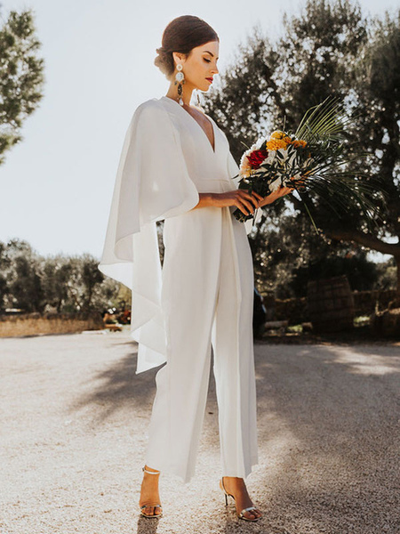 Milanoo White Simple Wedding Dress A-Line V-Neck Half Sleeves Long Bridal Dresses