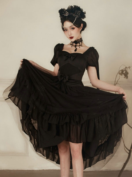 Milanoo Classical Lolita OP Dress Ruffles Black Floral Print Pattern Short Sleeves Lolita One Piece