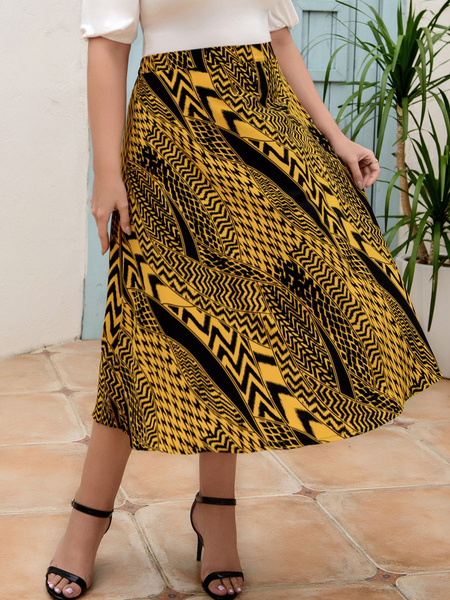 Milanoo Plus Size Skirt For Women Geometric Piping Raised Waist Polyester Casual Long Skirt