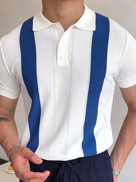Milanoo Men\'s Polo Shirt Color Block Turndown Collar Short Sleeves Buttons Regular Fit White Fashio