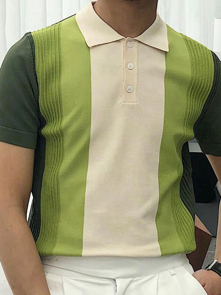 Milanoo Mens Polo Shirt Color Block Turndown Collar Short Sleeves Buttons Regular Fit Green Fashion