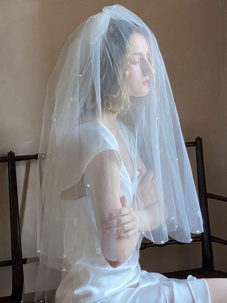 Milanoo Wedding Veil Two-Tier Pearls Tulle Cut Edge Ivory Classic Bridal Veil