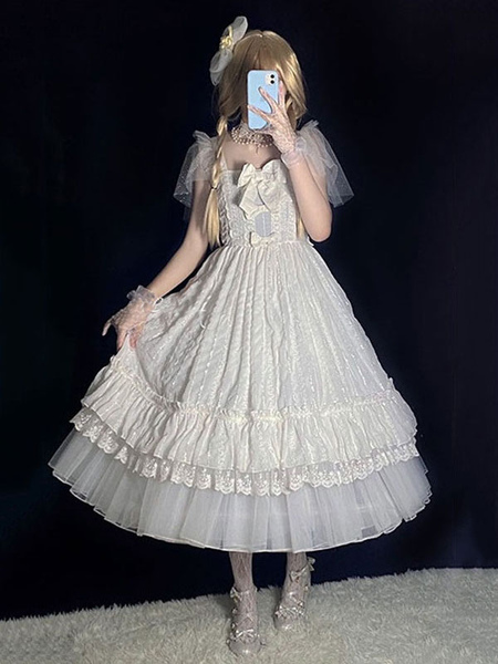 Tea Party Style Lolita JSK Dress White Sleeveless Ruffles Polyester Lolita Wedding Jumper Skirt