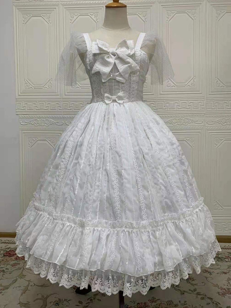 Tea Party Style Lolita JSK Dress White Sleeveless Ruffles Polyester Lolita Wedding Jumper Skirt
