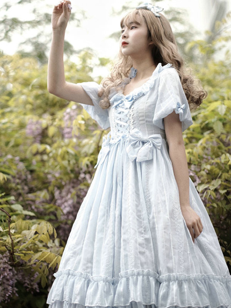 Milanoo Sweet Lolita Dress Chiffon Short Sleeves Ruffles Bowknot Light Sky Blue Sweet Lolita Dress