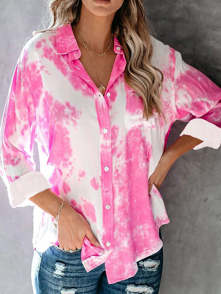 Milanoo Blouse For Women Rose Tie Dye Buttons Turndown Collar Bohemian Long Sleeves Polyester Summer