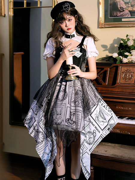 Image of Gothic Lolita Op Dress Black Bows Manica corta in poliestere Lolita Lolita Abito un pezzo