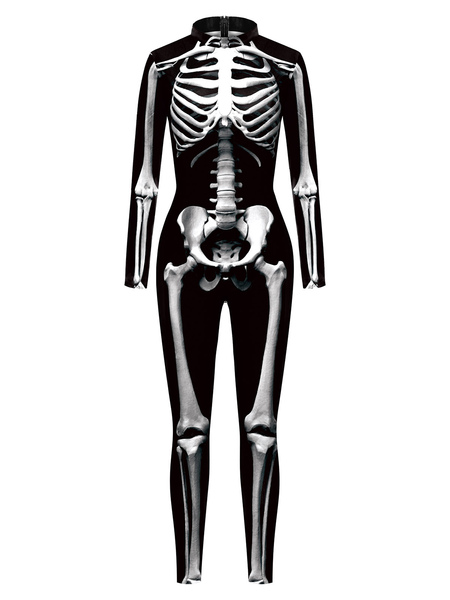Milanoo Women Halloween Jumpsuit Black Sliver Leotard Skeleton Halloween Scary Lycra Spandex Catsuit
