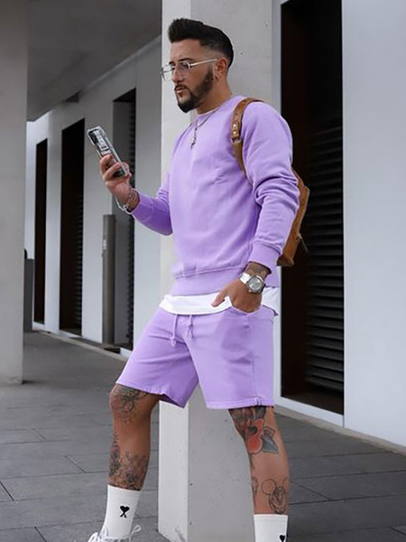 Vêtements|Sport|Mode féminine Hommes tenue de sport 2 pièces manches longues col rond sweat coupe décontractée short violet vêtement de sport
