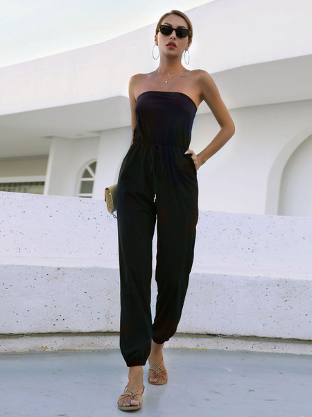 milanoo.com Black Jumpsuit Strapless Sleeveless Open Shoulder Strapless Polyester Summer Playsuit