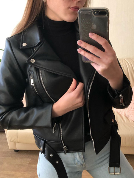 Milanoo Women Motorcycle Jacket Black Layered PU Leather Turndown Collar Long Sleeves Polyester Blac