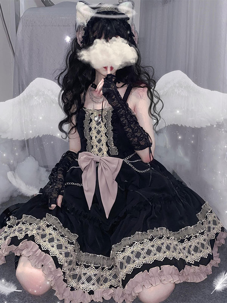 Milanoo Gothic Lolita JSK Dress Black Sleeveless Lace ,Bows Ruffles Polyester Cover-Up Lolita Jumper