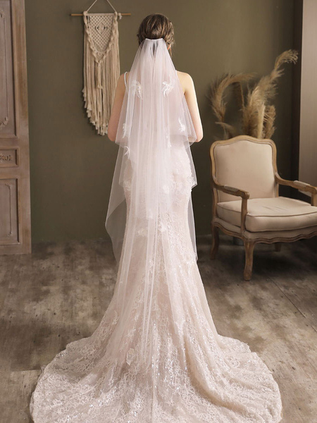 Milanoo Ivory Wedding Veil Two-Tier Lace Lace Tulle Cut Edge Drop Long Bridal Veils