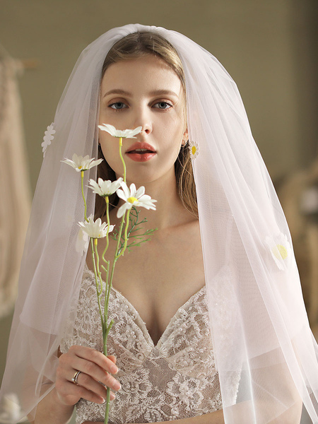 Milanoo Ivory Wedding Veil Two-Tier Flowers Tulle Cut Edge Drop Medium Bridal Veil
