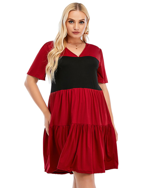 

Milanoo Plus Size Dress For Women V-Neck Short Sleeves T-Shirt Sleeves Two-Tone Knee Length Red One, Dark navy;red