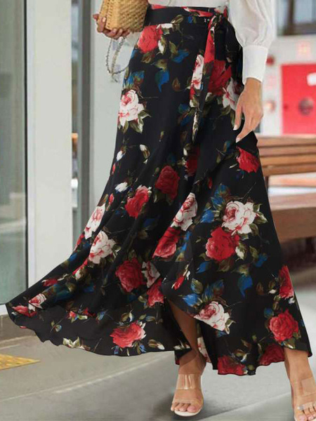 Milanoo Plus Size Skirt For Women Floral Print Polyester Black Long Skirt