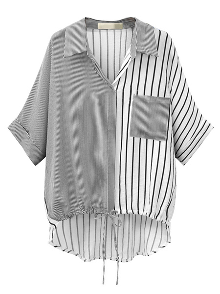 Milanoo Plus Size Blouse For Women Turndown Collar Stripes Pattern Buttons Polyester Casual Shirt