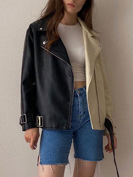 Women’s Moto Jacket Two Tone Oversized PU Leather Spring Cozy Outerwear