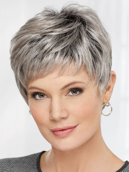 Image of Parrucche per capelli umani per donna Parrucche corte ricci arruffati argento