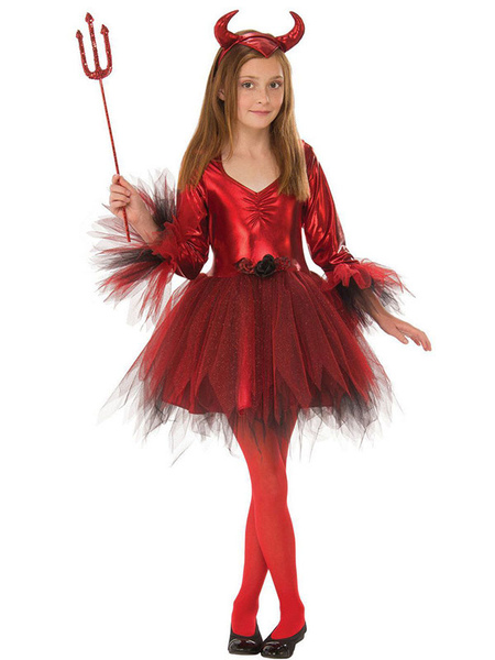 Milanoo Kids Halloween Costumes Red Devils Polyester Dress Headwear Girls Cosplay Costume Full Set