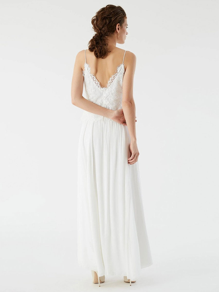 Milanoo White Simple Wedding Dress A-Line V-Neck Sleeveless Backless Lace Bridal Dresses