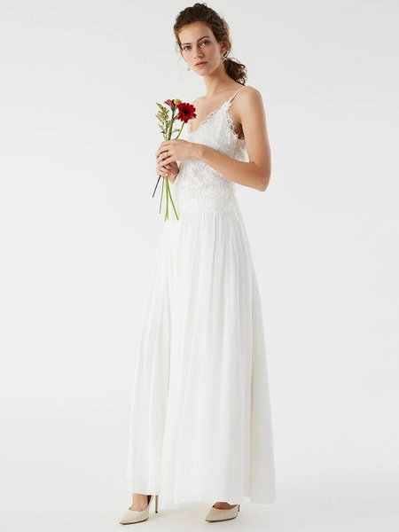 Milanoo Weißes einfaches Brautkleid A-Linie V-Ausschnitt ärmellose rückenfreie Spitze Brautkleider
