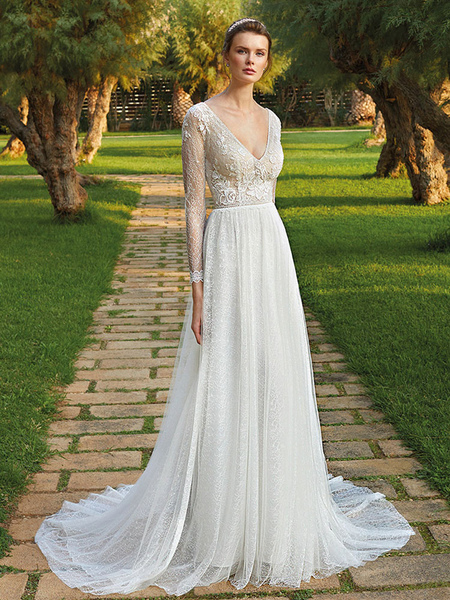 Milanoo White Simple Wedding Dress Lace V-Neck Long Sleeves Lace A-Line Bridal Dresses
