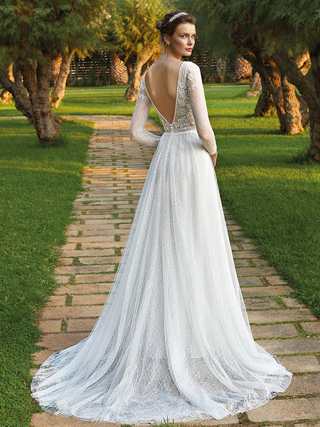 Milanoo White Simple Wedding Dress Lace V-Neck Long Sleeves Lace A-Line Bridal Dresses