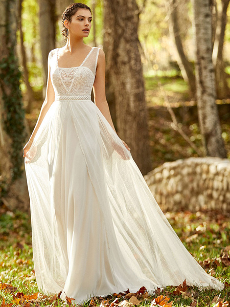 Milanoo Simple Wedding Dress White Lace Square Neck Sleeveless Backless Lace A-Line Bridal Gowns