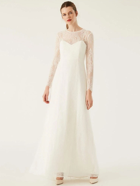 Milanoo Weißes einfaches Brautkleid mit Juwelenausschnitt mit langen Ärmeln rückenfreie Spitze boden