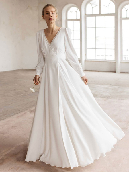 Milanoo White Simple Wedding Dress Stretch Crepe V-Neck Long Sleeves Lace A-Line Bridal Gowns