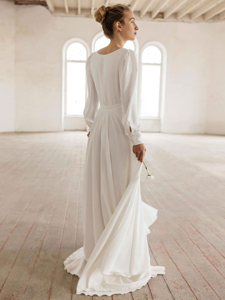 Milanoo White Simple Wedding Dress Stretch Crepe V-Neck Long Sleeves Lace A-Line Bridal Gowns