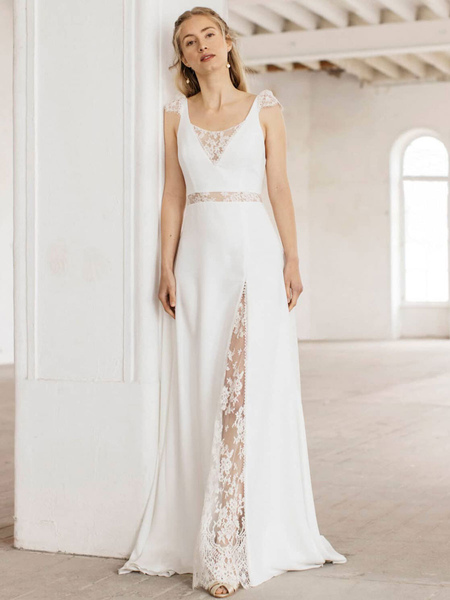 Milanoo Weißes einfaches Brautkleid A-Linie V-Ausschnitt ärmellose Spitze Chiffon lange Brautkleider