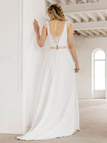 Milanoo White Simple Wedding Dress A-Line V-Neck Sleeveless Lace Chiffon Long Bridal Gowns