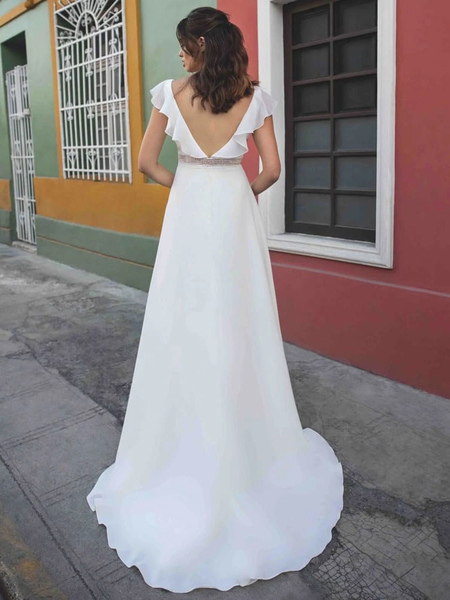 Milanoo White Simple Wedding Dress Stretch Crepe V-Neck Sleeveless Backless Lace A-Line Bridal Gowns
