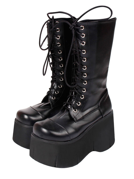 Milanoo Harajuku Fashion Lolita Boots Black Silver Round Toe Flared Heel PU Leather Lolita Footwear